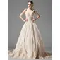 A-Line/Princess Halter Chapel Train Satin Tulle Wedding Dress With Lace Beadwork (002000154)