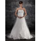 Empire Strapless Watteau Train Tulle Charmeuse Wedding Dress With Lace Beadwork (002016930)