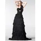A-Line/Princess One-Shoulder Sweep Train Taffeta Evening Dress With Ruffle Crystal Brooch (017002569) A-Line/Princess One-Shoulder Sweep Train Taffeta Evening Dress With Ruffle Crystal Brooch (017002569)