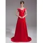 A-Line/Princess V-neck Sweep Train Charmeuse Lace Evening Dress With Ruffle Beading (017005598)