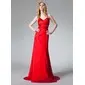 Sheath Halter Sweep Train Charmeuse Prom Dress With Ruffle Beading (018002780)