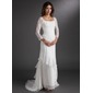 A-Line/Princess Square Neckline Sweep Train Chiffon Lace Holiday Dress With Ruffle Beading (020016837)