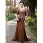 A-Line/Princess V-neck Sweep Train Chiffon Lace Mother of the Bride Dress With Ruffle Beading (008018727)