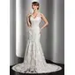 Mermaid V-neck Chapel Train Satin Tulle Wedding Dress With Lace Beadwork (002014512) Mermaid V-neck Chapel Train Satin Tulle Wedding Dress With Lace Beadwork (002014512)