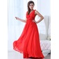 A-Line/Princess V-neck Floor-Length Chiffon Holiday Dress With Ruffle Beading Flower(s) (020017333)