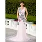 Sheath V-neck Court Train Satin Tulle Lace Evening Dress With Ruffle Beading Appliques (017017399) Sheath V-neck Court Train Satin Tulle Lace Evening Dress With Ruffle Beading Appliques (017017399)